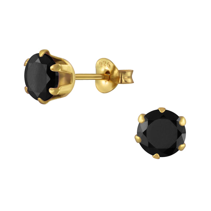 Joy|S - Zilveren 6 mm oorknoppen - rond - zirkonia - zwart - goudplating