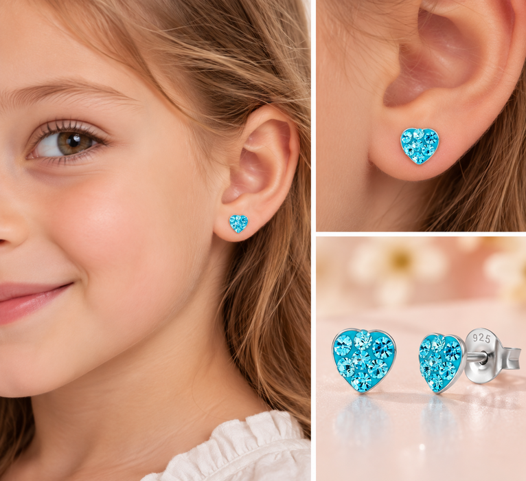 Joy|S - Zilveren petit hartje kinderoorbellen - 4 mm - blauw kristal