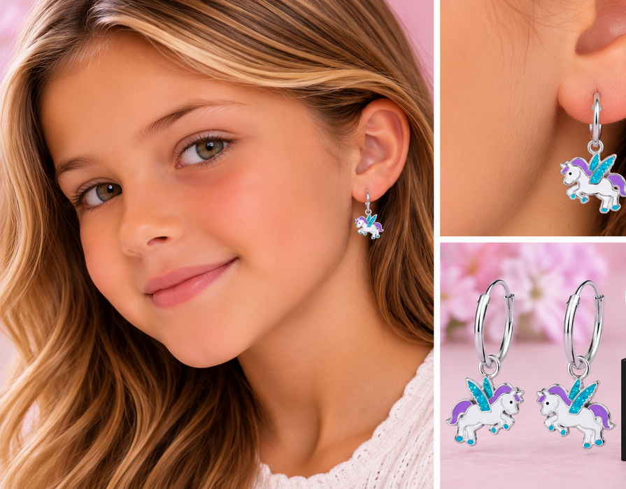 Joy|S - Zilveren eenhoorn oorbellen - blauwe glitter vleugeltjes - unicorn oorringen - sterling zilver 925 - kinderoorbellen