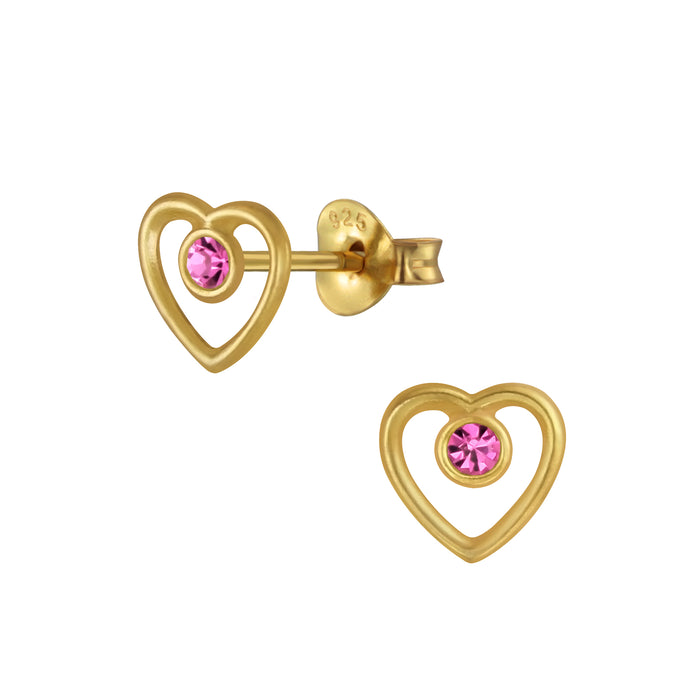 Joy|S - Zilveren hartje oorbellen - 7 mm - roze kristal - goudplating
