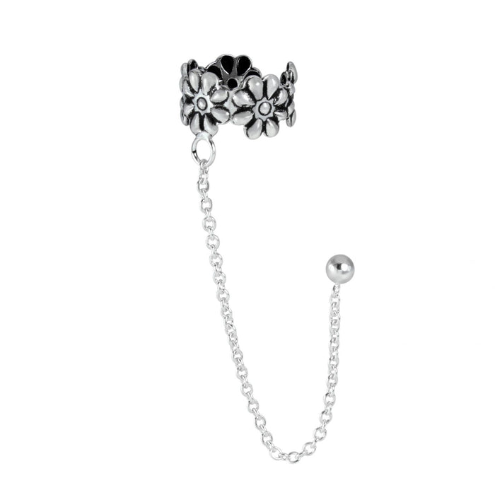 Joy|S - Zilveren bloem earcuff kettinkje en oorknopje oorklem