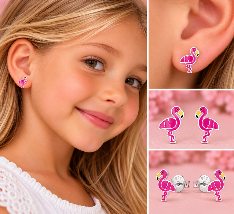 Joy|S - Zilveren vogel oorbellen - Flamingo - 7 x 9 mm - roze flamingo oorknoppen - sterling zilver 925 - kinderoorbellen