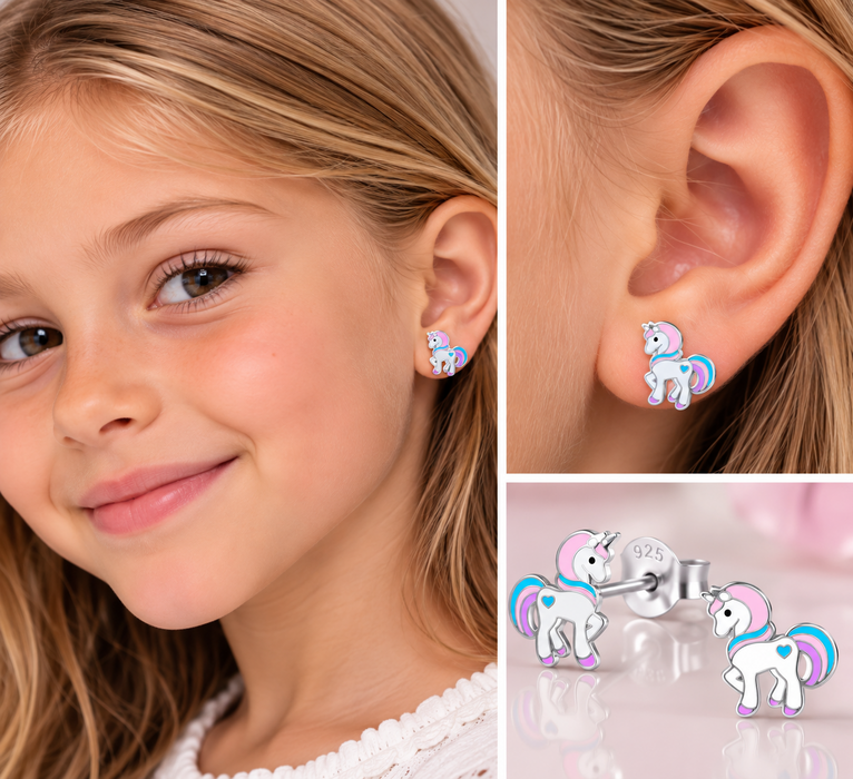 Joy|S - Zilveren pony oorbellen eenhoorn - 10 x 13 mm - unicorn kinderoorbellen - sterling zilver 925