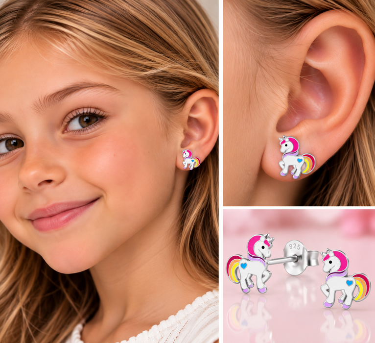 Joy|S - Zilveren eenhoorn oorbellen - pony oorknoppen - 10 x 13 mm - unicorn kinderoorbellen - sterling zilver 925