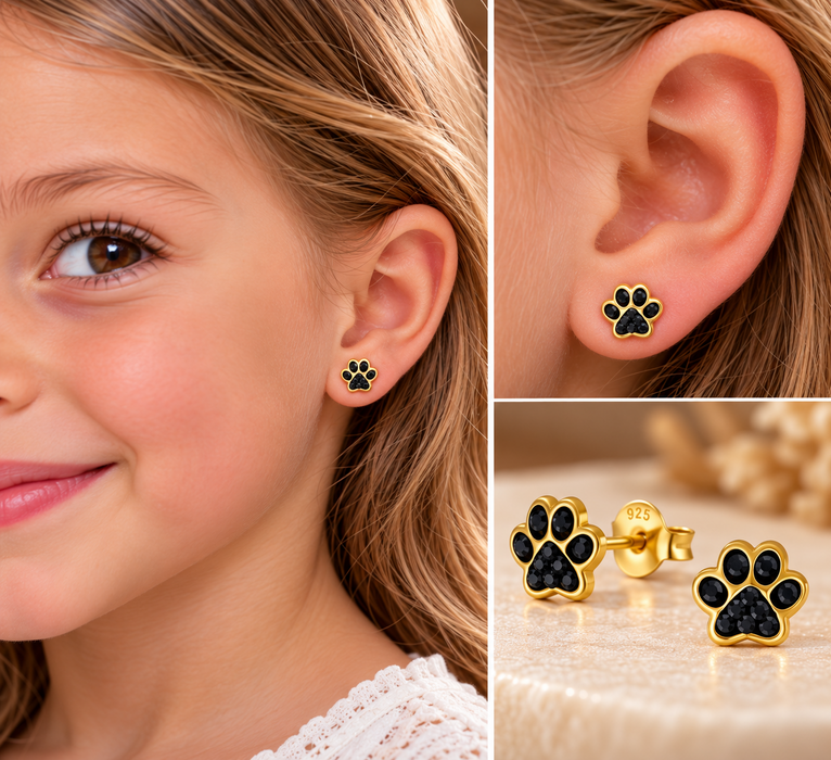 Joy|S - Zilveren kat hond dierenpoot oorbellen kristal zwart  - goudplating