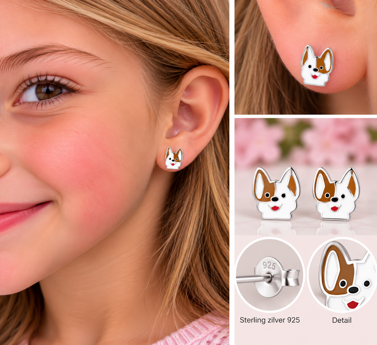 Joy|S - Zilveren hond oorbellen - 7 x 8 mm - wit bruin