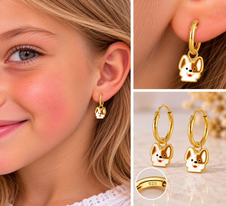 Joy|S - Zilveren hondje bedel oorbellen - oorringen - gold plated - sterling zilver 925 - hondje kinderoorbellen