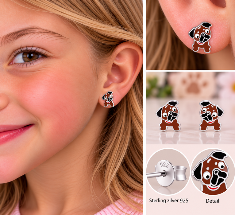 Joy|S - Zilveren hond oorbellen - bruin hondje - 7 x 8 mm - sterling zilver 925 - kinderoorbellen