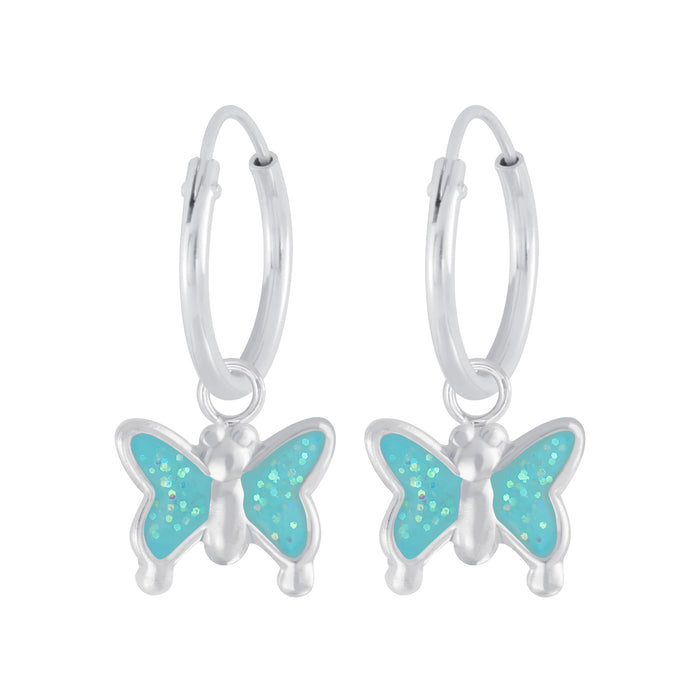 Joy|S - Zilveren vlinder bedel oorbellen - blauw met glitter - oorringen