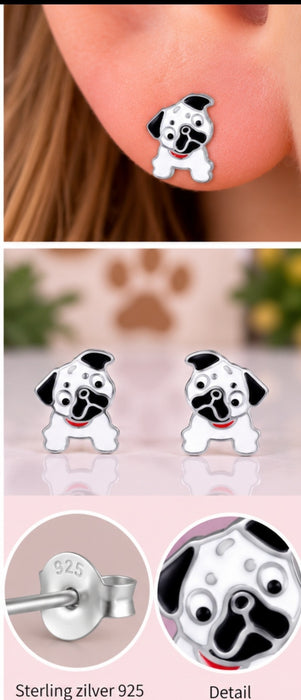 Joy|S - Zilveren hond oorbellen - 6 x 8 mm - wit met zwarte oren - bulldog