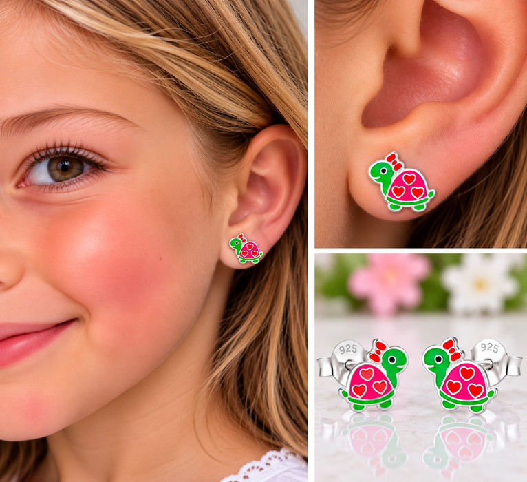 Joy|S - Zilveren schildpad oorbellen 10 x 10 mm rode hartjes