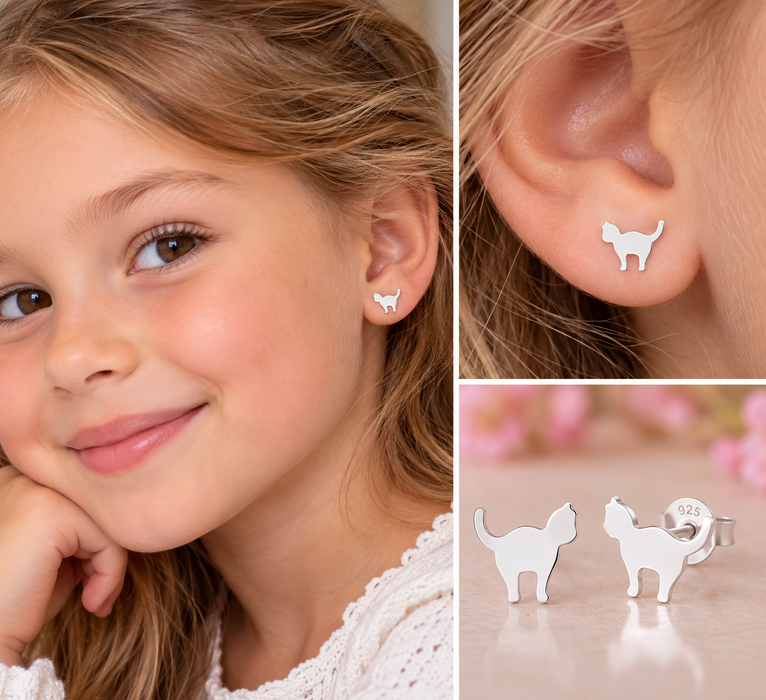 Joy|S - Zilveren kat poes oorbellen - 9 x 7 mm