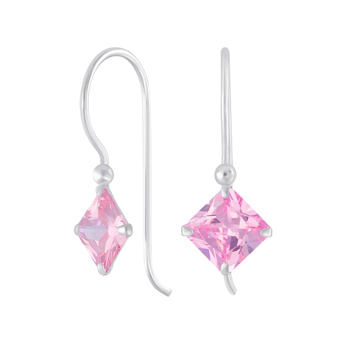 Joy|S - Zilveren square ruit oorhangers - roze zirkonia - oorbellen