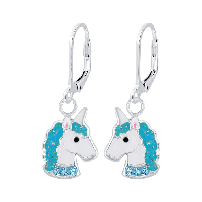 Joy|S - Zilveren eenhoorn oorbellen unicorn blauw leverback sluiting