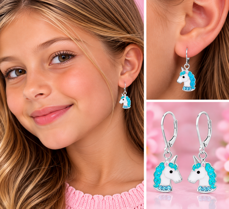 Joy|S - Zilveren eenhoorn oorbellen - unicorn blauw - brisure / leverback sluiting