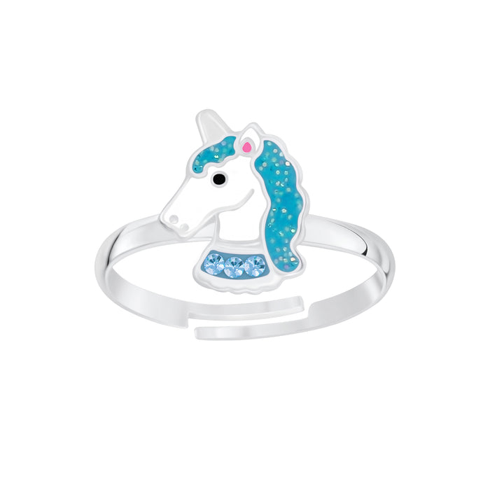 Joy|S - Zilveren eenhoorn ring blauw glitter unicorn verstelbaar