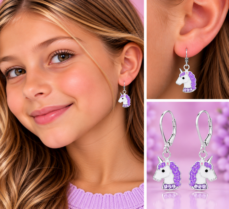 Joy|S - Zilveren eenhoorn oorbellen - unicorn bedel - paars - brisure / leverback sluiting - sterling zilver 925