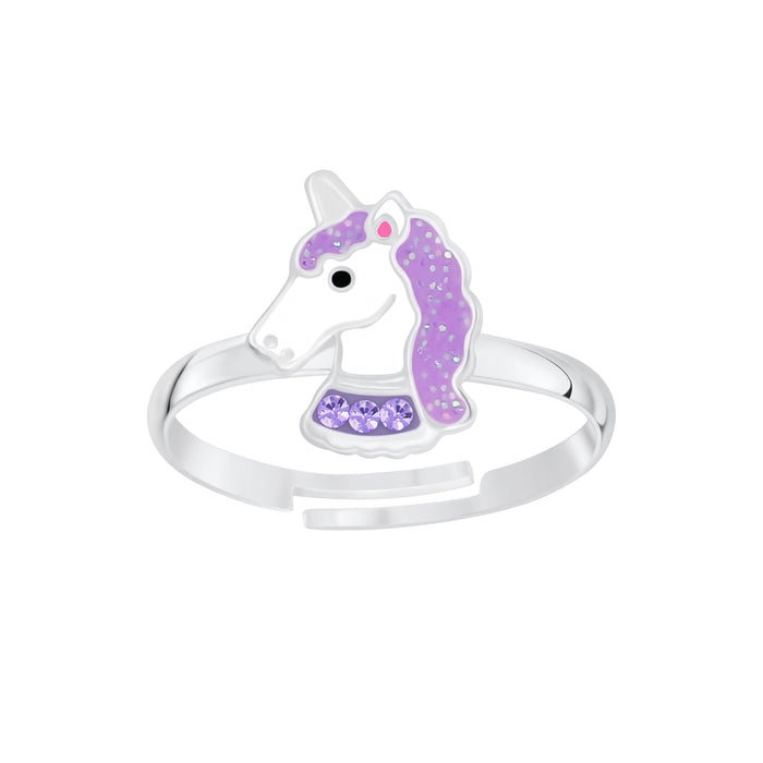 Joy|S - Zilveren eenhoorn ring paars glitter unicorn verstelbaar