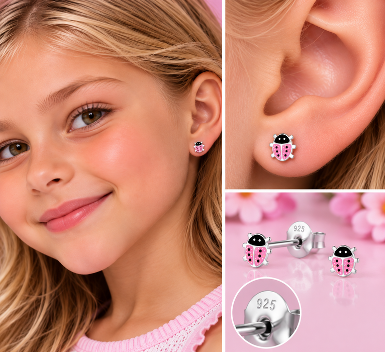 Joy|S - Zilveren lieveheersbeestje oorbellen - roze met glitter - 7 x 6 mm - sterling zilver 925 - kinderoorbellen
