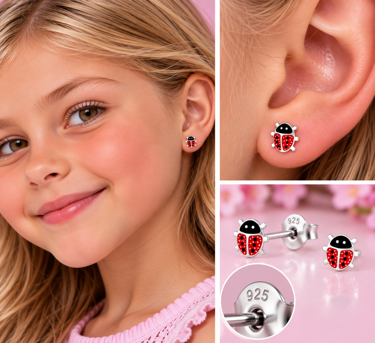 Joy|S - Zilveren lieveheersbeestje oorbellen - 7 x 6 mm - rood met glitter - sterling zilver 925 - kinderoorbellen
