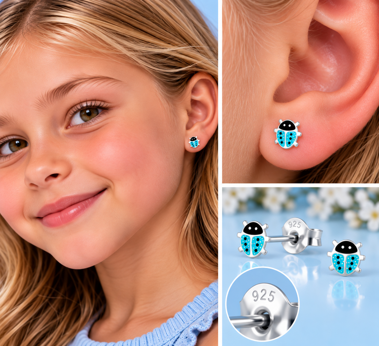Joy|S - Zilveren lieveheersbeestje oorbellen - 7 x 6 mm - blauw met glitter