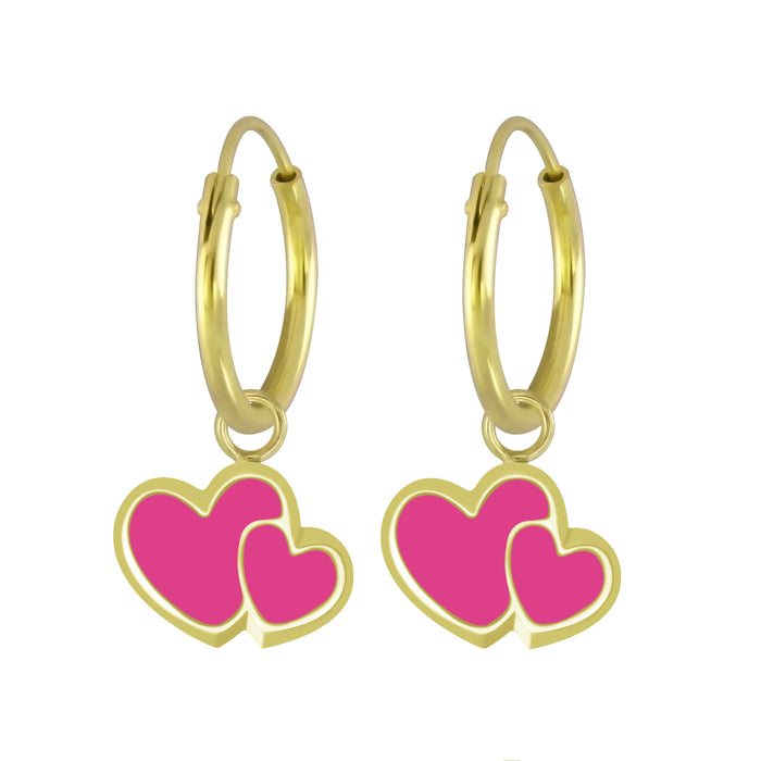 Joy|S - Zilveren roze hartjes oorbellen - dubbel hartje oorringen - goldplated /goudplating