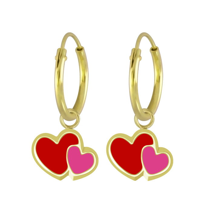 Joy|S - Zilveren rood roze hartjes oorbellen dubbel hartje oorringen gold plated / goudplating