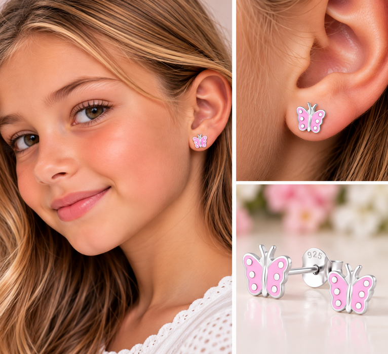 Joy|S - Zilveren vlinder oorbellen - roze met witte stipjes - sterling zilver 925 - vlinder oorknopjes voor kinderen