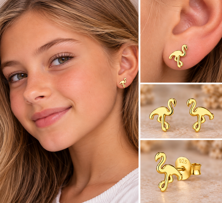 Joy|S - Zilveren Flamingo oorbellen - vogel - goudplating