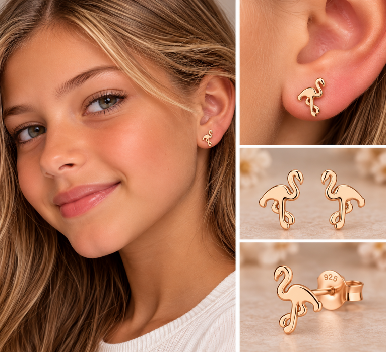 Joy|S - Zilveren Flamingo oorbellen - vogel - rosé plated - roze flamingo oorknoppen - sterling zilver 925