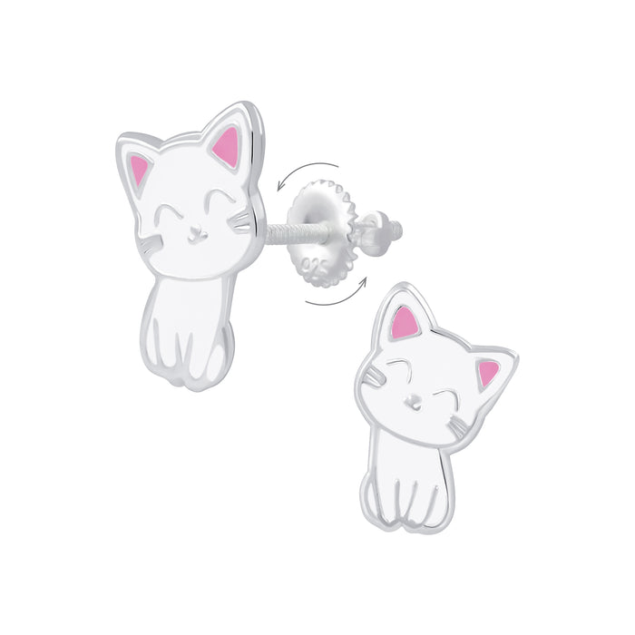 Joy|S - Zilveren kat poes oorbellen 8 x 12 mm wit - screwback sluiting
