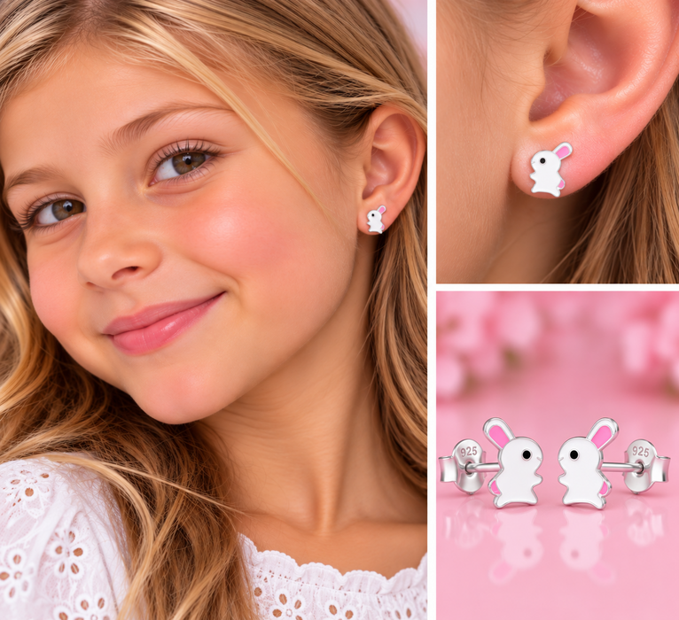 Joy|S - Zilveren konijn oorbellen - wit met roze oortjes en staart - sterling zilver 925 - kinderoorbellen