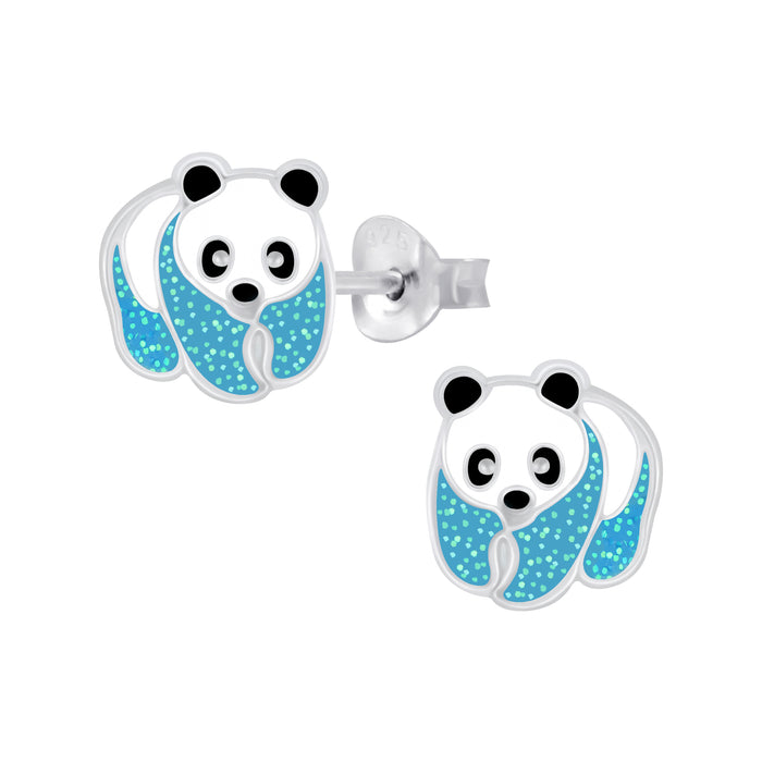 Joy|S - Zilveren Panda oorbellen - 8 x 9 mm - blauw met glitter