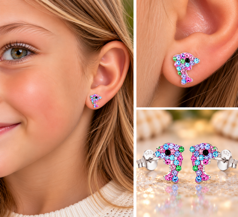 Joy|S - Zilveren dolfijn oorbellen - kristal multicolor - sterling zilver 925
