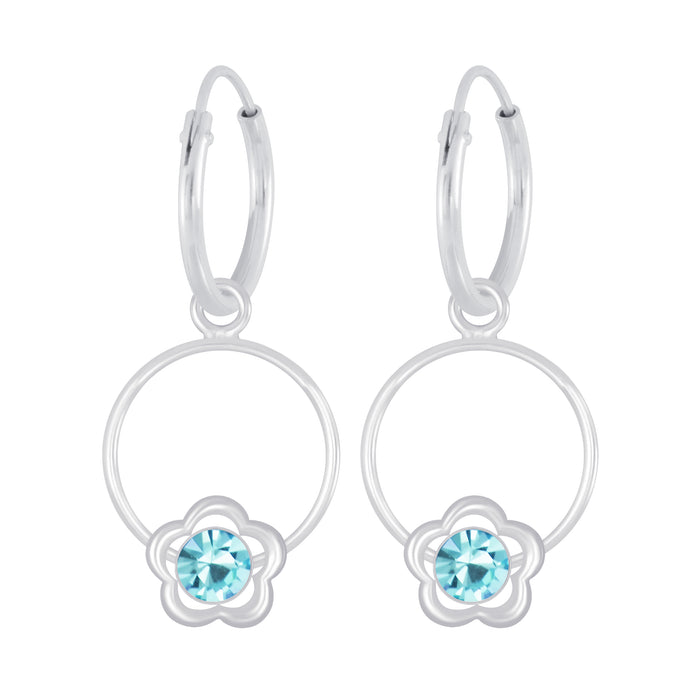 Joy|S - Zilveren Daisy bloem ring bedel oorbellen blauw oorringen