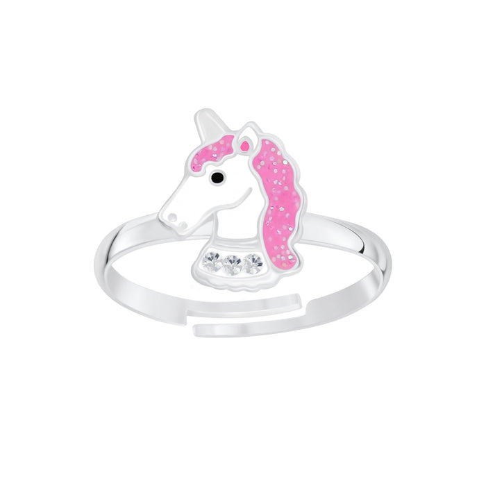 Joy|S - Zilveren eenhoorn ring roze glitter unicorn verstelbaar
