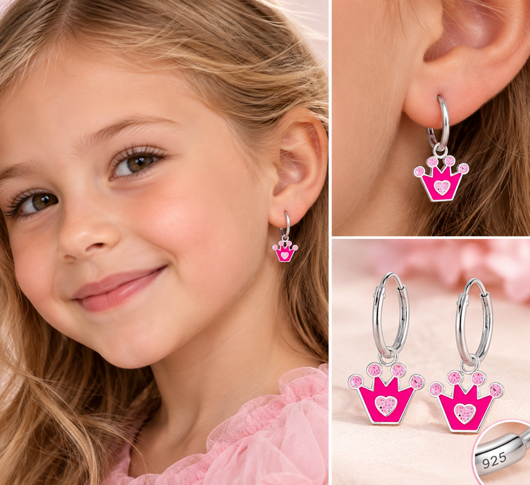 Joy|S - Zilveren kroontje bedel oorbellen - oorringen - roze met hartje - kroon - sterling zilver 925 - kinderoorbellen