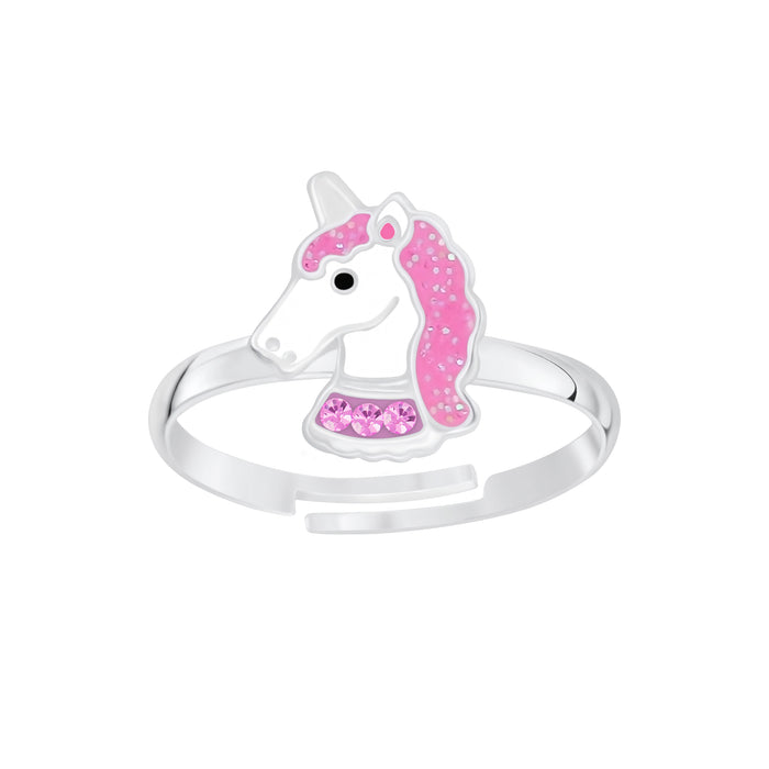 Joy|S - Zilveren eenhoorn ring roze glitter unicorn verstelbaar