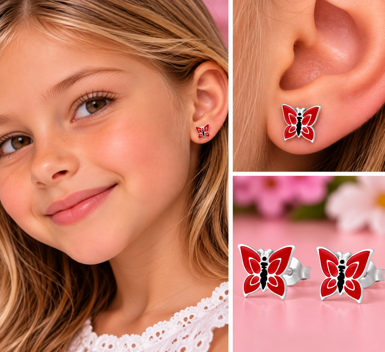 Joy|S - Zilveren vlinder oorbellen - rood - 9 x 8 mm - sterling zilver 925 - vlinder kinderoorbellen