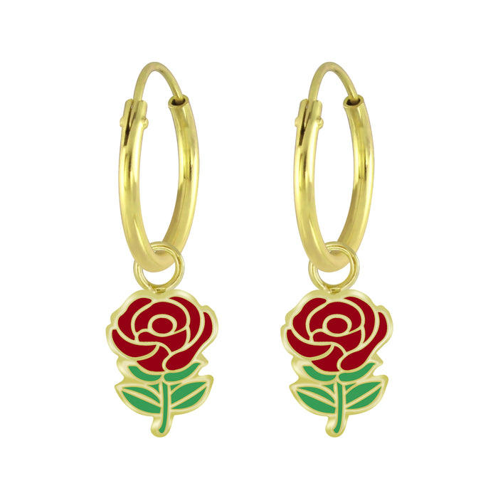 Joy|S - Zilveren rode roosje bedel oorbellen - bloem - rood roosje - oorringen - goudplating