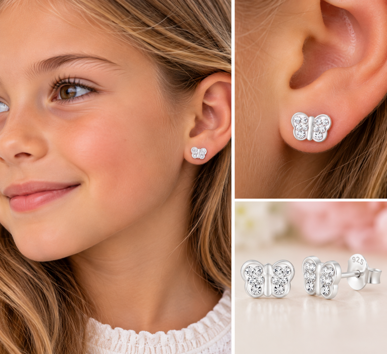 Joy|S - Zilveren vlinder oorbellen - wit kristal - sterling zilver 925 - vlinder oorknoppen voor kinderen