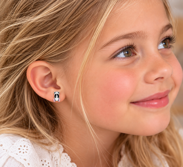 Joy|S - Zilveren Panda oorbellen - 6 x 8 mm - zwart wit roze