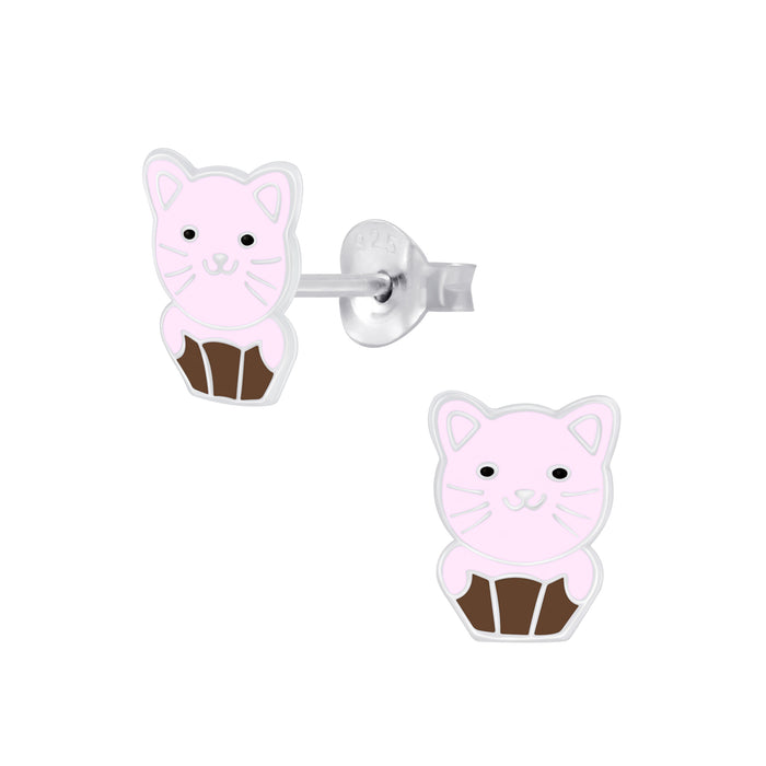 Joy|S - Zilveren cupcake kat poes oorbellen - roze