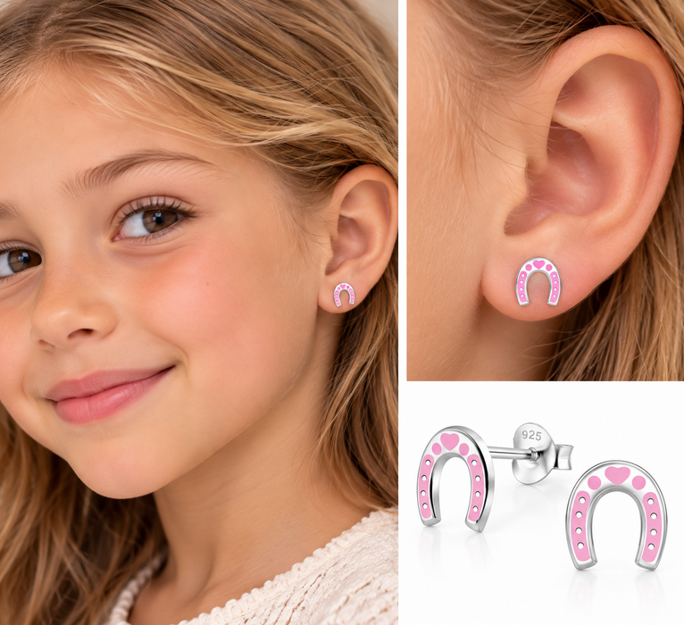 Joy|S - Zilveren hoefijzer oorbellen - zilver met roze hartje - sterling zilver 925 - kinderoorbellen