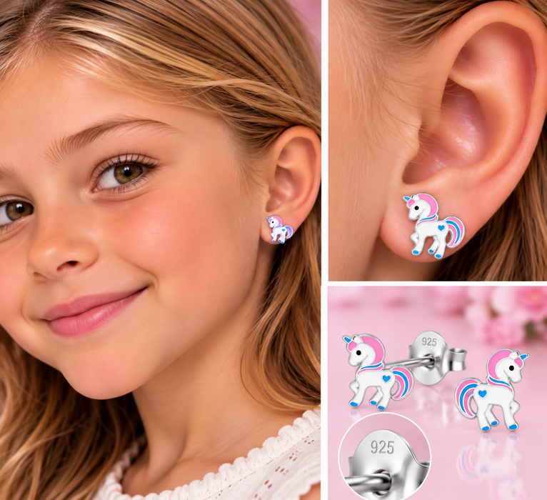 Joy|S - Zilveren eenhoorn oorbellen - 9 mm - pony oorknoppen - unicorn kinderoorbellen - sterling zilver 925