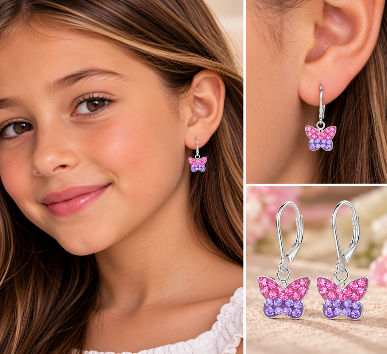 Joy|S - Zilveren vlinder oorbellen - paars roze kristal - brisure / leverback sluiting