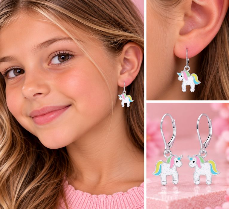 Joy|S - Zilveren Eenhoorn paardje oorbellen Unicorn glitter wit leverback sluiting