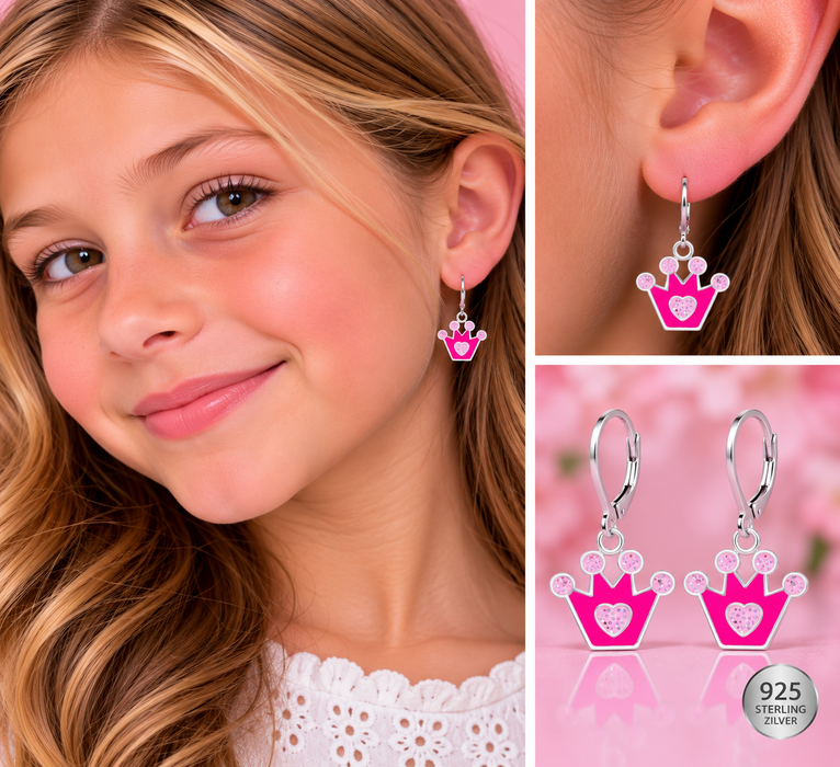 Joy|S - Zilveren kroontje bedel oorbellen - roze met glitter - brisure / leverback sluiting - sterling zilver 925 - kinderoorbellen