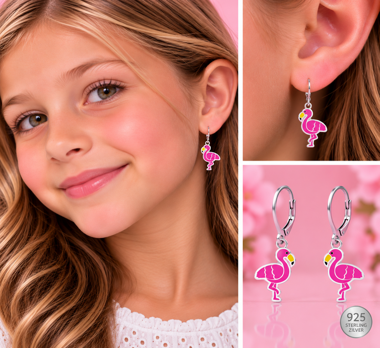 Joy|S - Zilveren flamingo oorbellen - roze vogel - brisure / leverback sluiting - sterling zilver 925 - kinderoorbellen