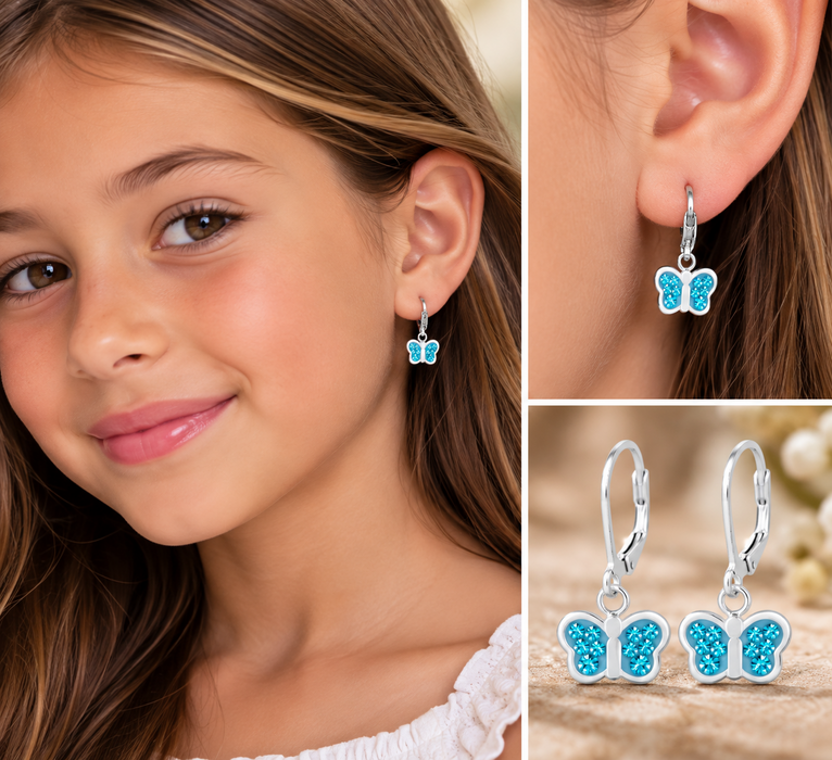 Joy|S - Zilveren vlinder oorbellen - blauw kristal - brisure / leverback sluiting